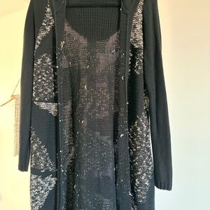 Lucky Brand Black and Gray Hooded Long Open Sweater